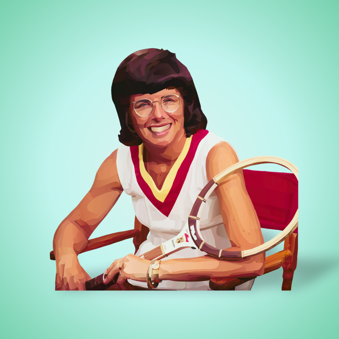 Billie Jean King avec sa raquette et assise sur une chaise