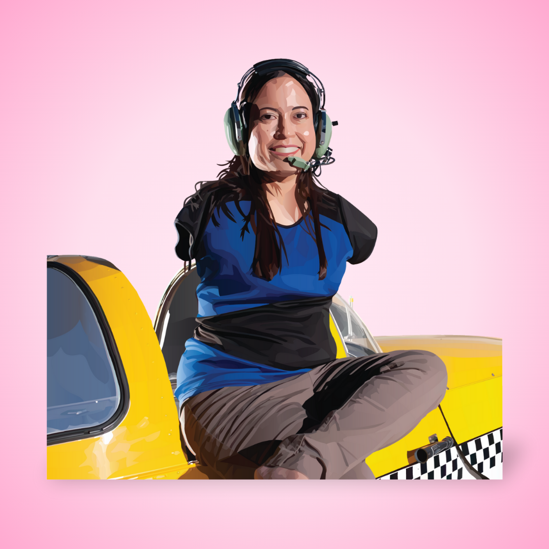 Jessica Cox assis sur aile de son avion